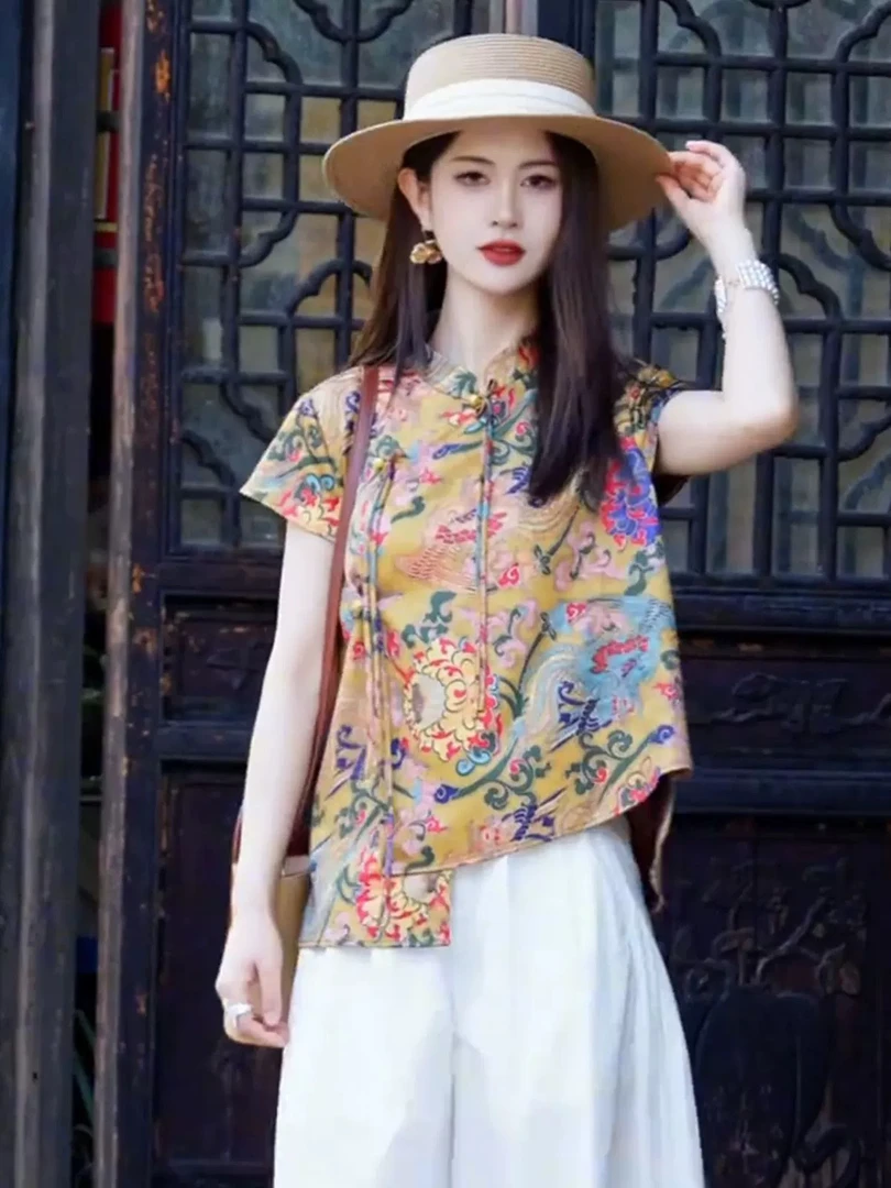 【650TL】新中式国风立领盘扣短袖衬衫女时尚洋气气质显瘦上衣