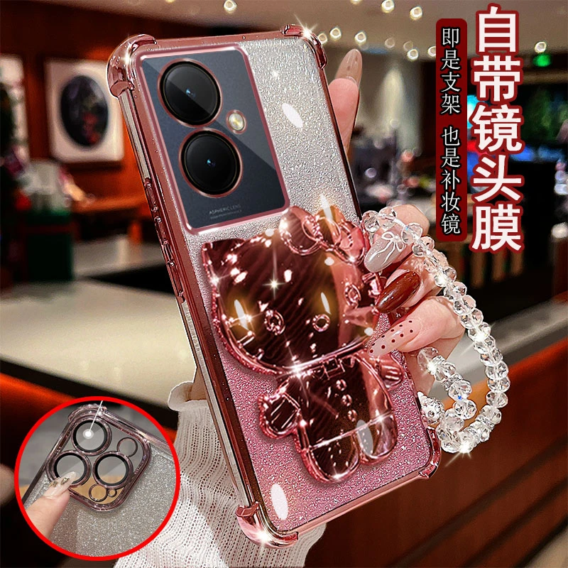 vivoy35+手机壳v2279a带支架镜子5g气囊防摔套镜头全包女新款创意