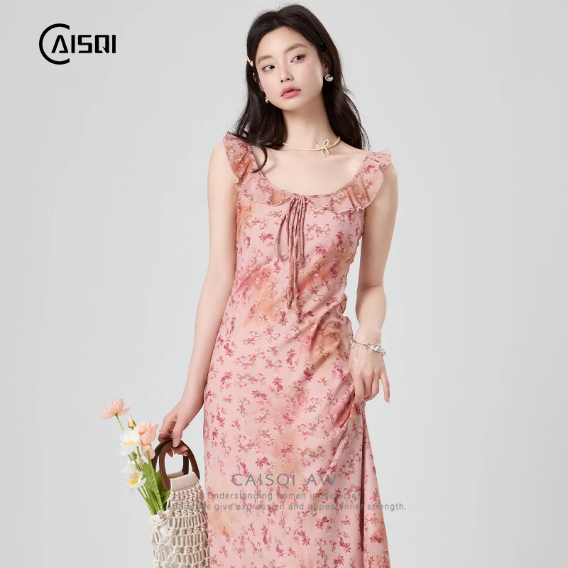 柴十七法式甜美碎花吊带连衣裙女夏季新款小飞袖裙子海边度假长裙