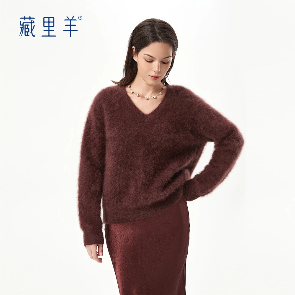 藏里羊【北美小动物毛毛】“温柔陷阱”寒冬bi入 V领纯色上衣M1461