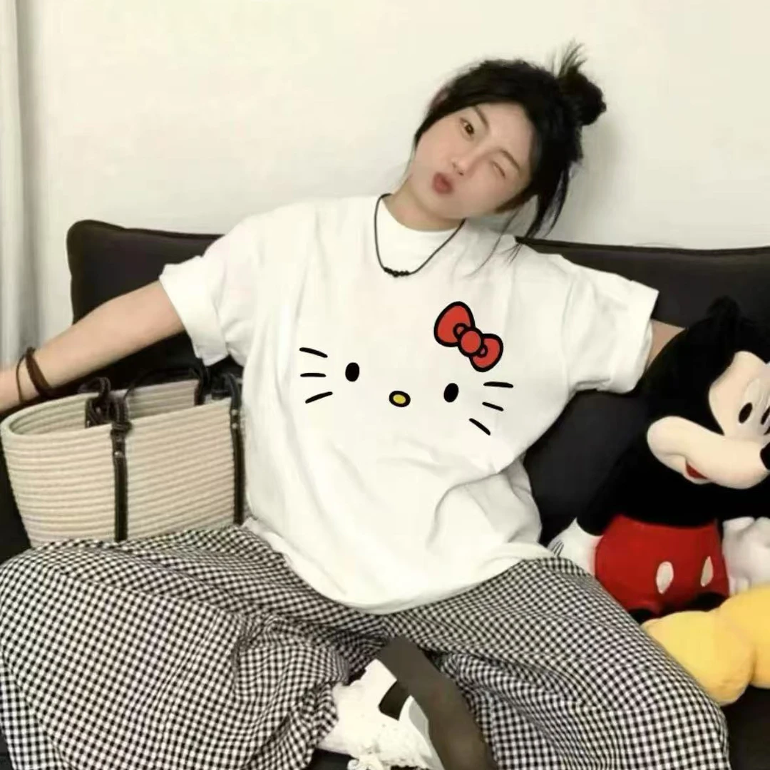【赠送发夹】新款简约kitty猫宽松甜美韩系甜美刺绣圆领夏季短袖t