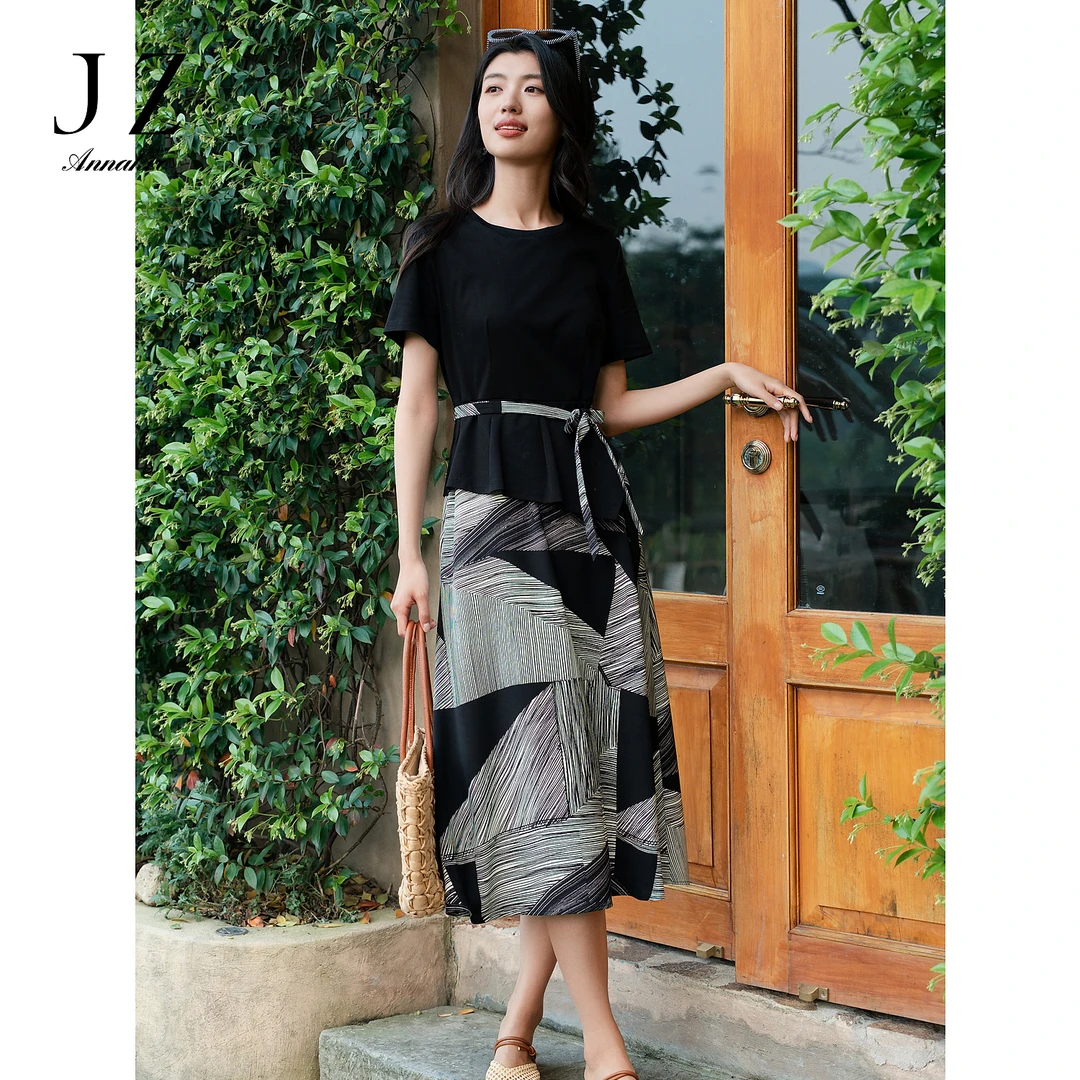 玖姿安娜蔻KWFX50123通勤假两件拼接修身连衣裙女装夏季款