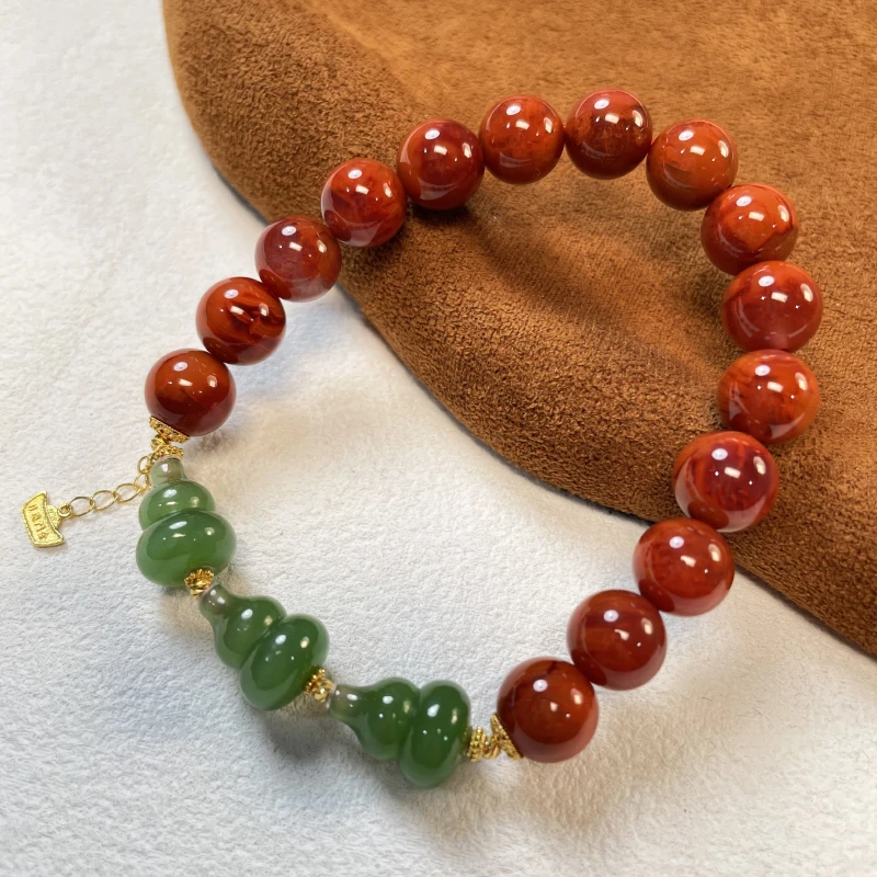 珠联帮【18K】南红玛瑙8.5+（火焰纹）+碧玉葫芦单圈手串