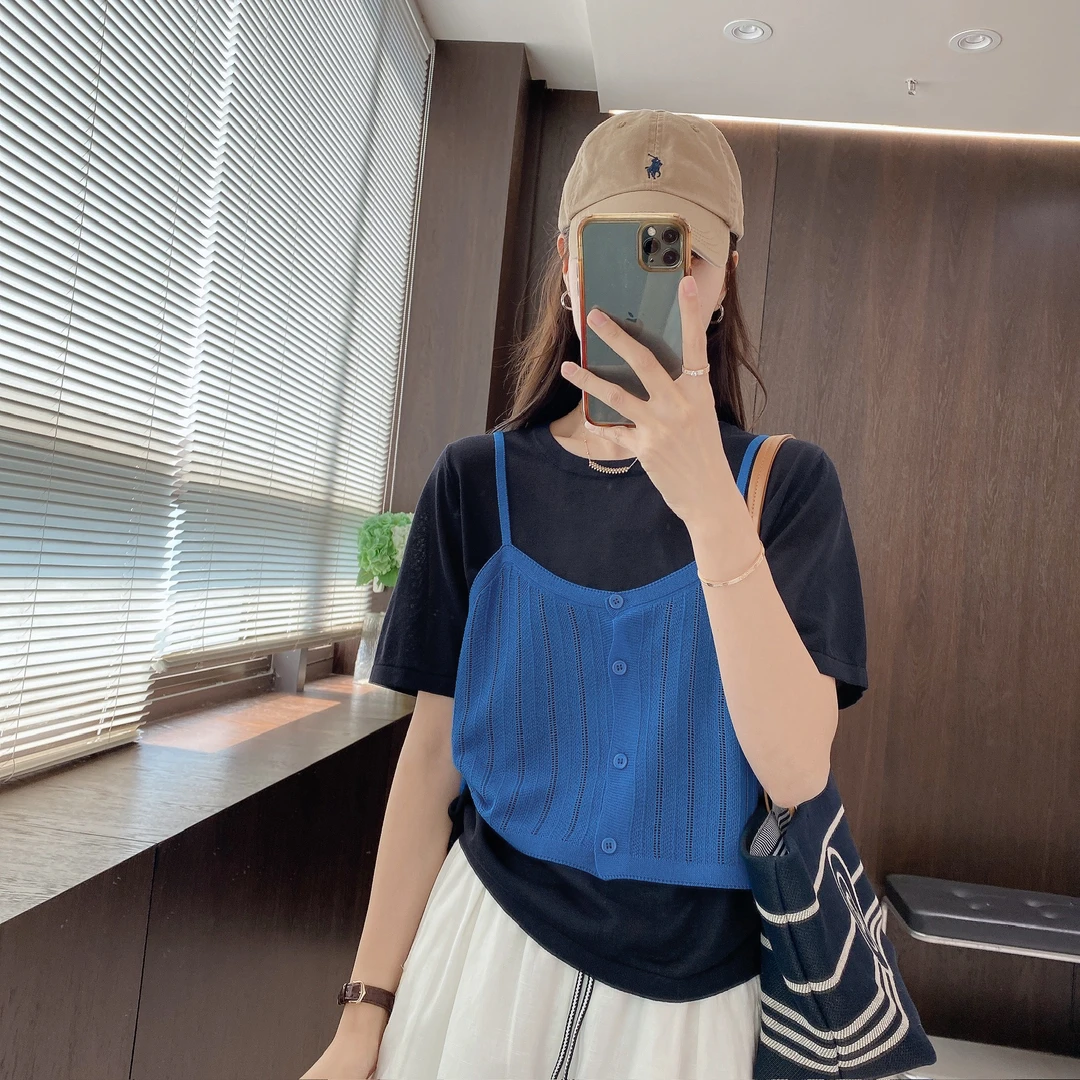 IMFLY金小金自制女装 针织衫DYW9275两件套撞色吊带针织上衣女