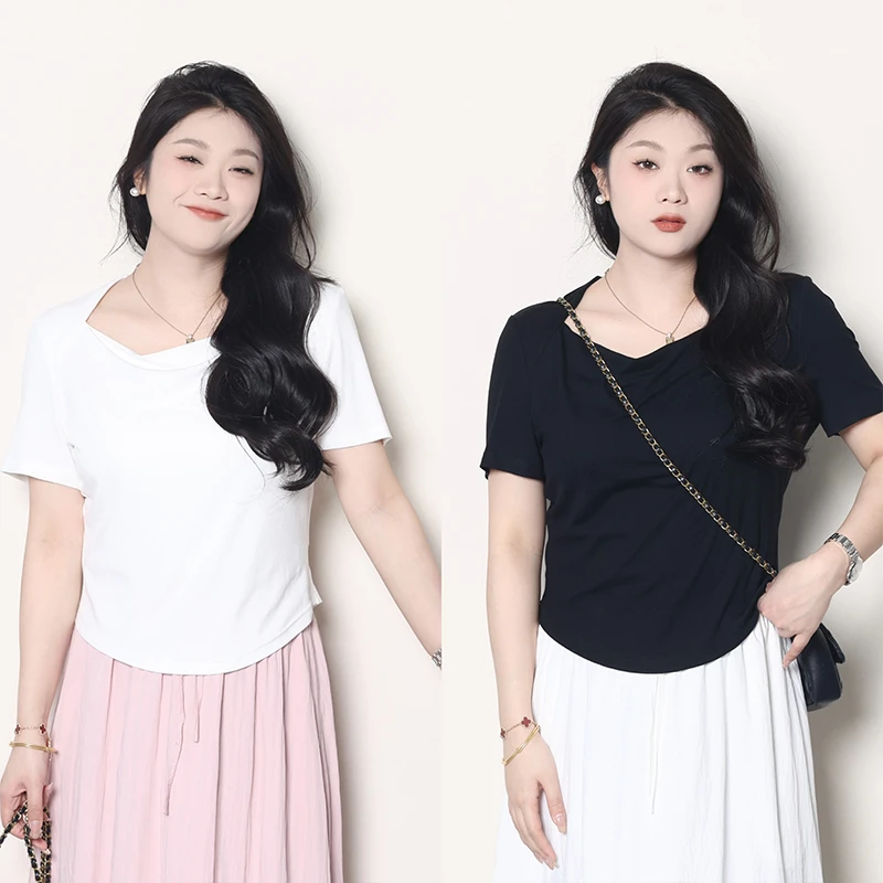 QC宣宣【温柔至白】微胖大码女装夏气质百搭显瘦短袖T恤 ZY406J42