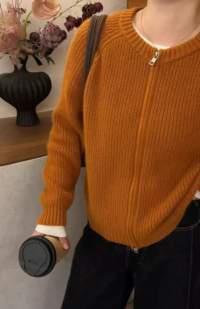 七言家 巨软！南瓜橙双拉链毛衣开衫