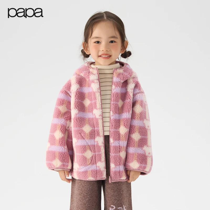 【秀场同款】papa爬爬冬季新款男女童摇粒绒戴帽双面穿外套保暖锁温
