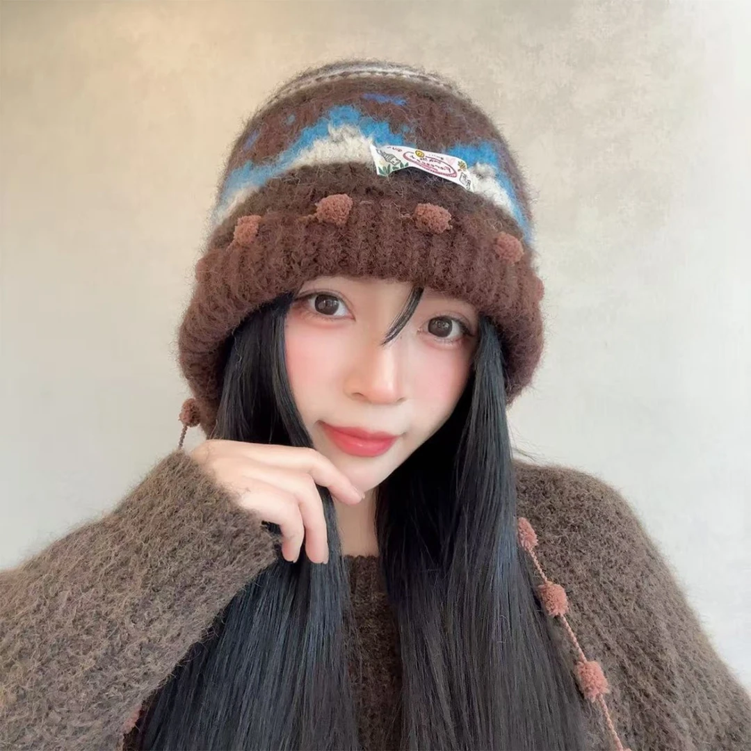 费尔岛复古针织巴拉克拉法帽女秋冬显脸小包头帽加厚保暖护耳帽子