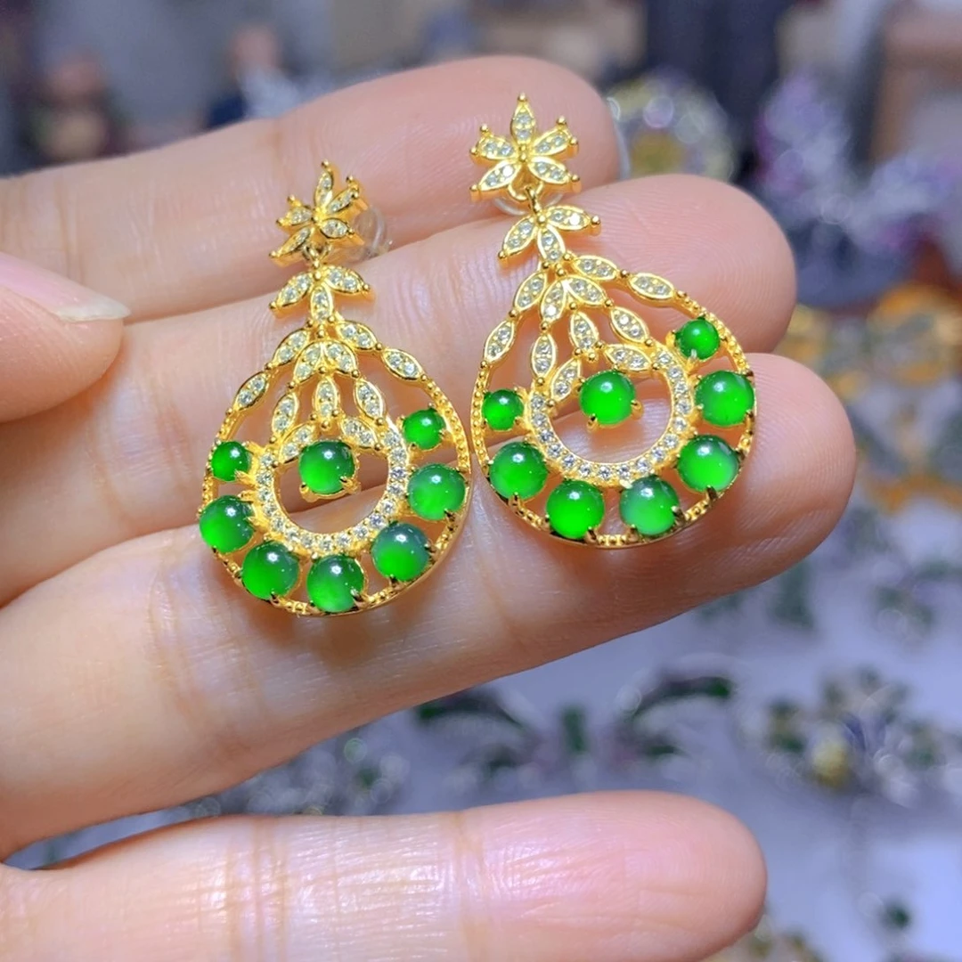 翡翠耳钉银S925镶嵌天然翡翠