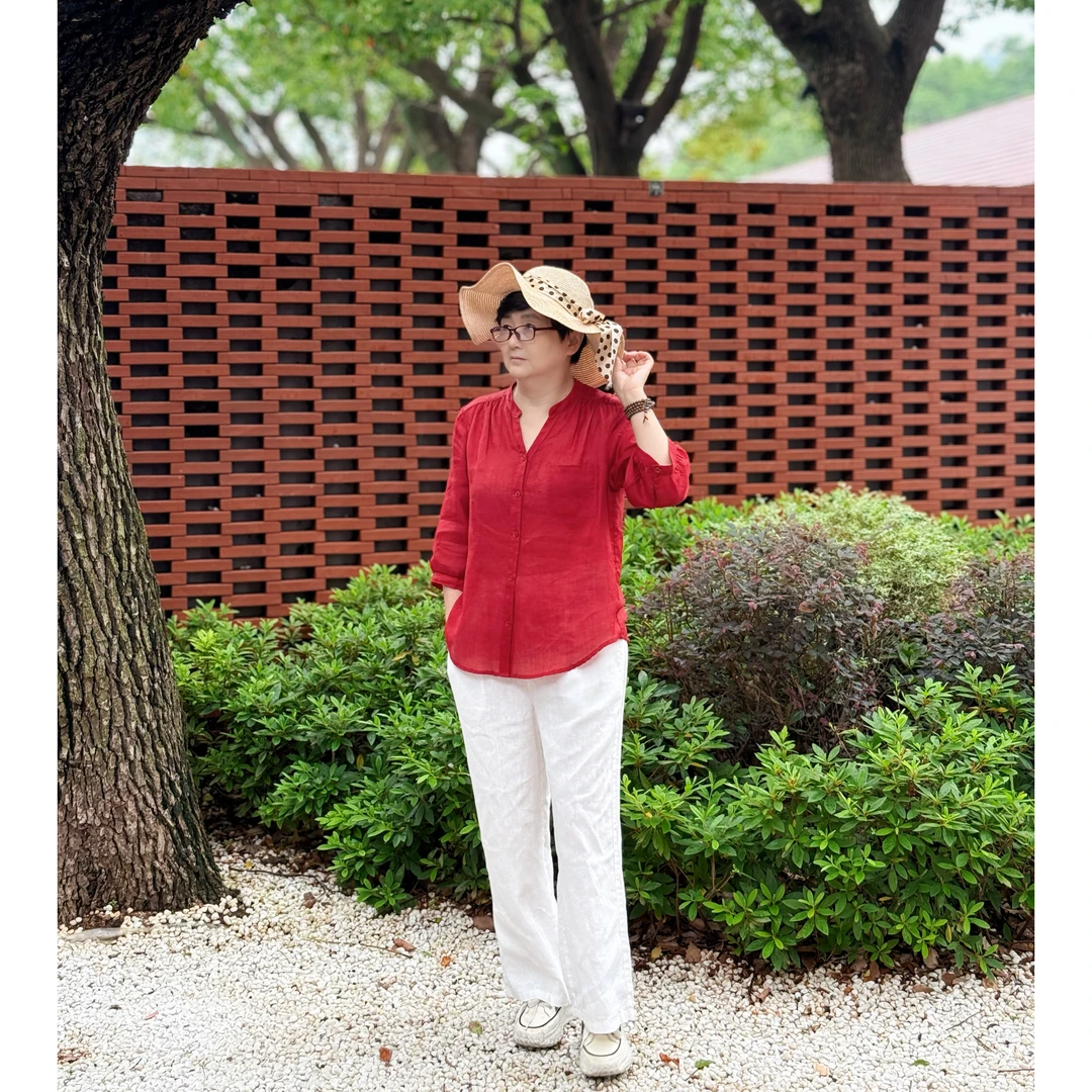 木笛夏季42支100纯苎麻小v领宽松衬衫女薄款纯色宽松百搭休闲小衫