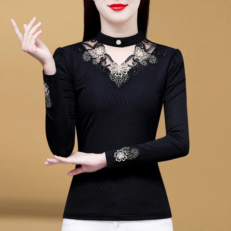 GF#210 蕾丝打底衫女秋冬洋气新款黑色内搭气质小衫加绒打