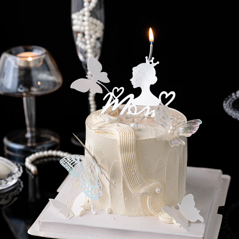 2025母亲节唯美蝴蝶蛋糕装饰摆件银色背影妈妈亚克力插件烘焙装扮