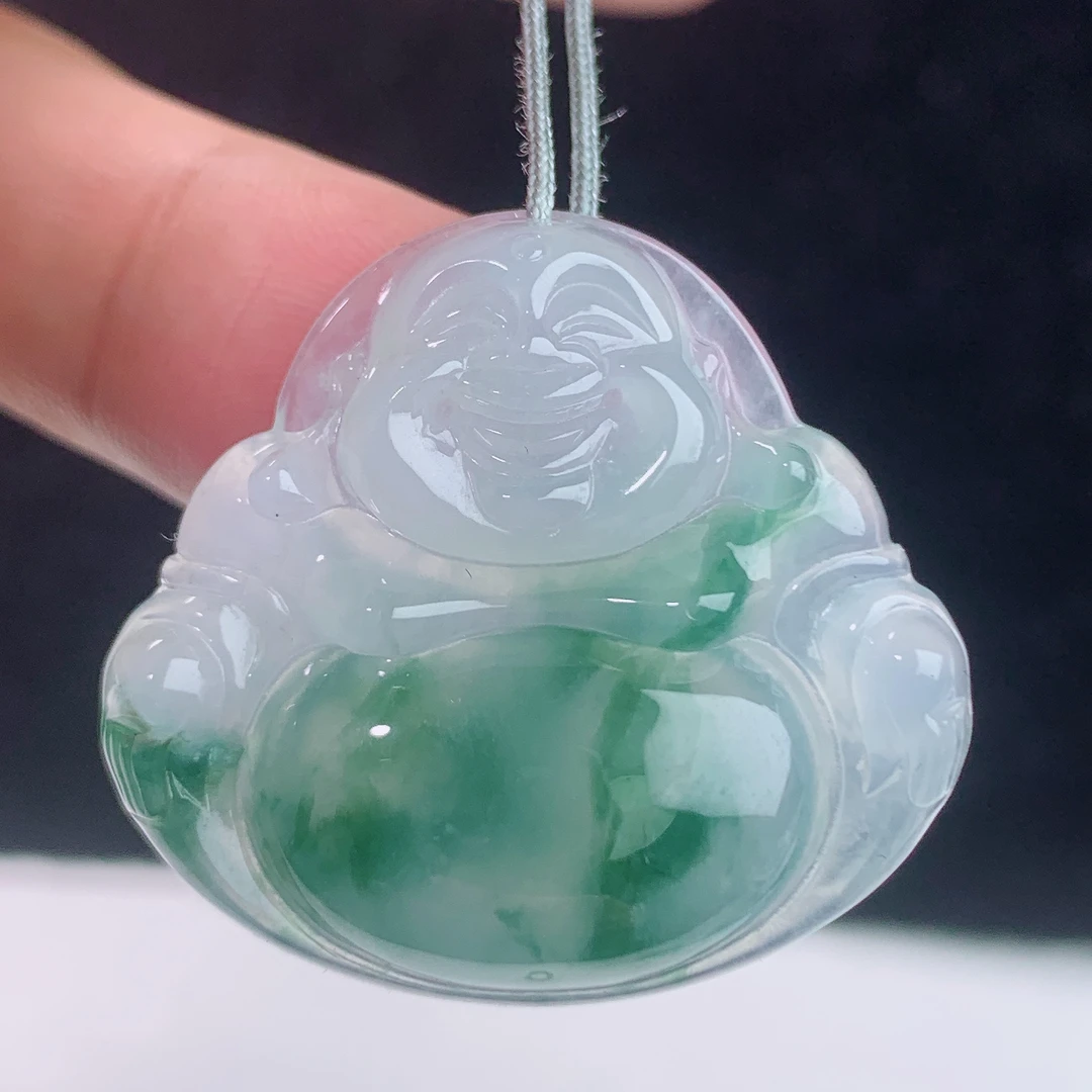 缅甸天然A货翡翠冰种飘花佛公吊坠时尚