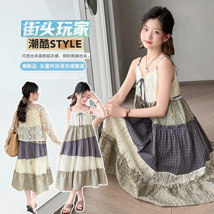 连衣裙甜美夏季拼接拼色女童中大童