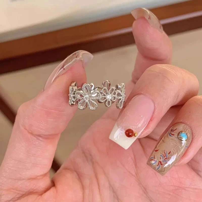 925银日韩风小清新蕾丝镂空五瓣花戒指女