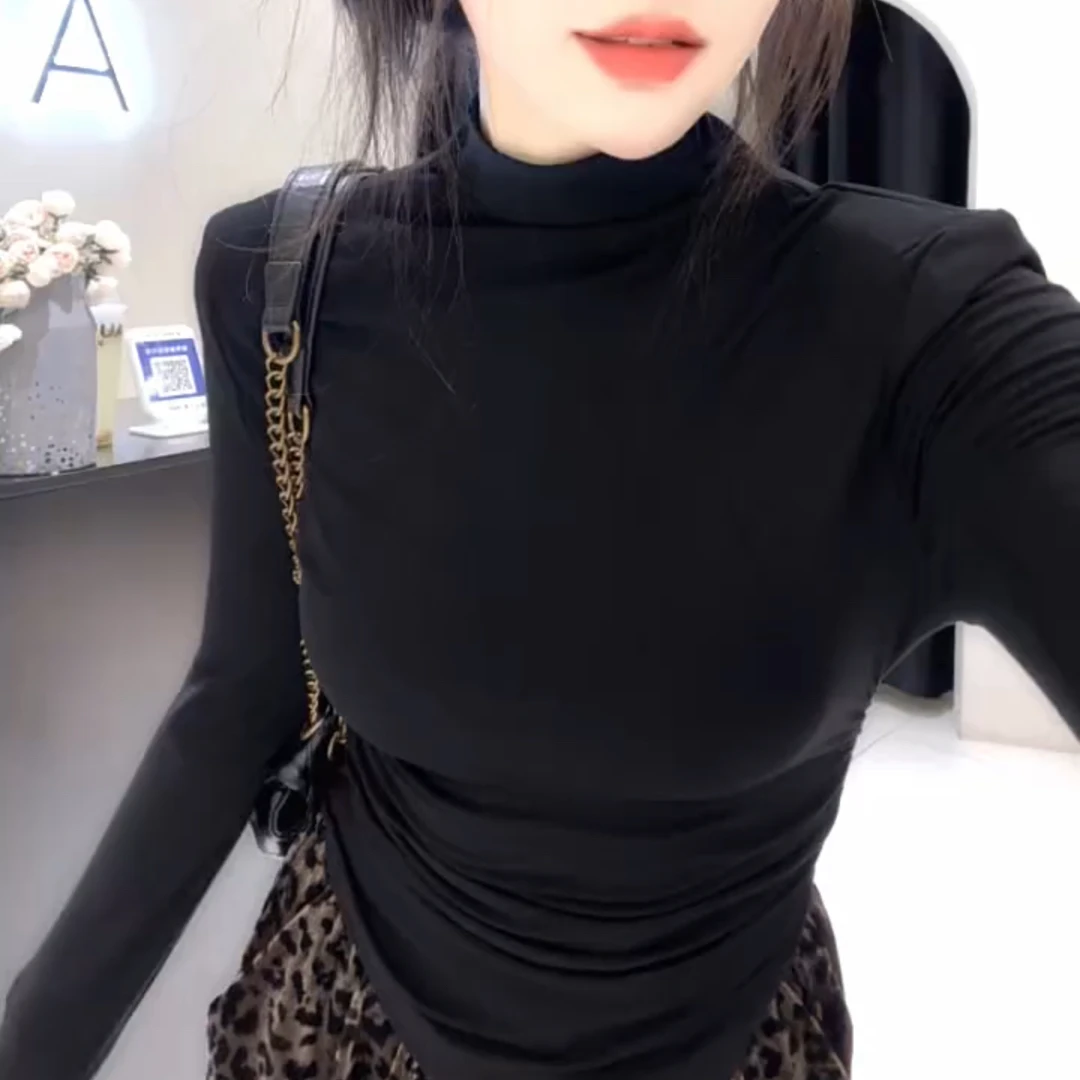 新款半高领长袖T恤显瘦秋季百搭气质黑色打底衫上衣