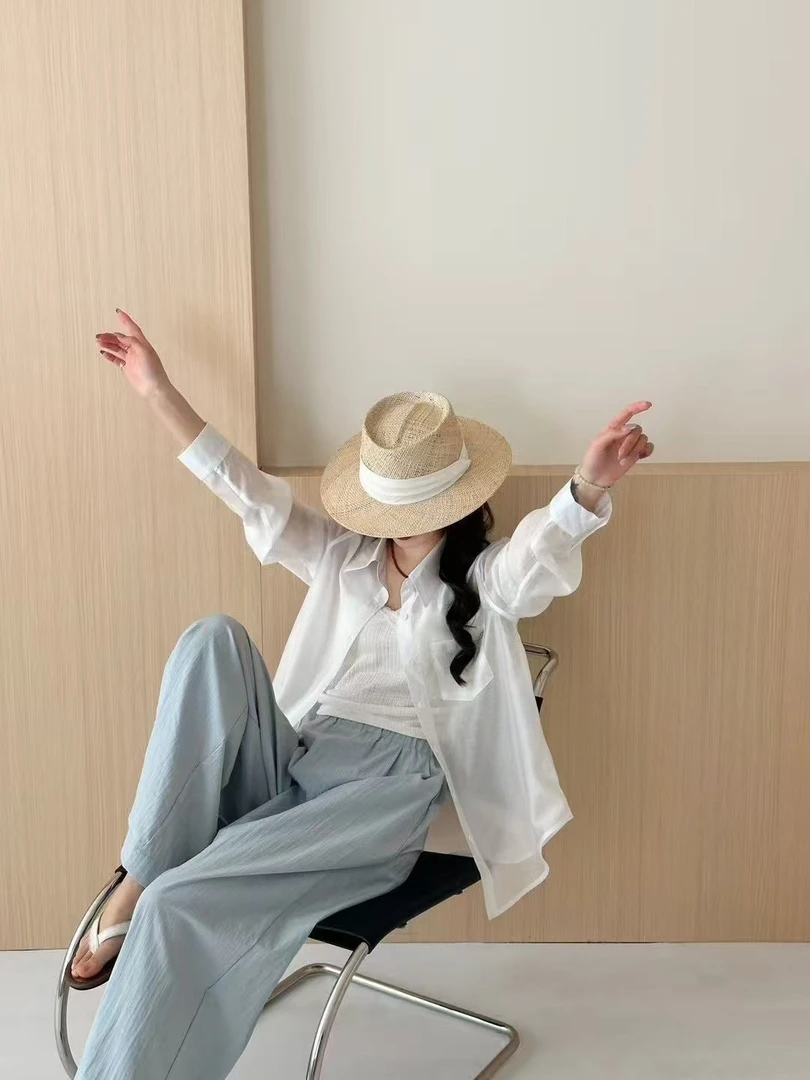 2025春夏新款长袖衬衫女宽松休闲外套薄款外穿纯色春游出行衣服