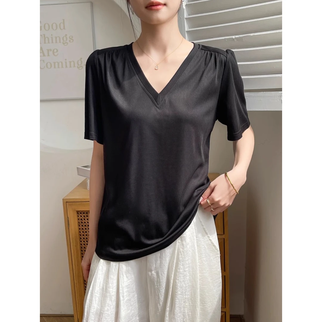 黑色v领短袖女t恤2025新款夏季宽松休闲内搭打底时尚褶皱显瘦上衣