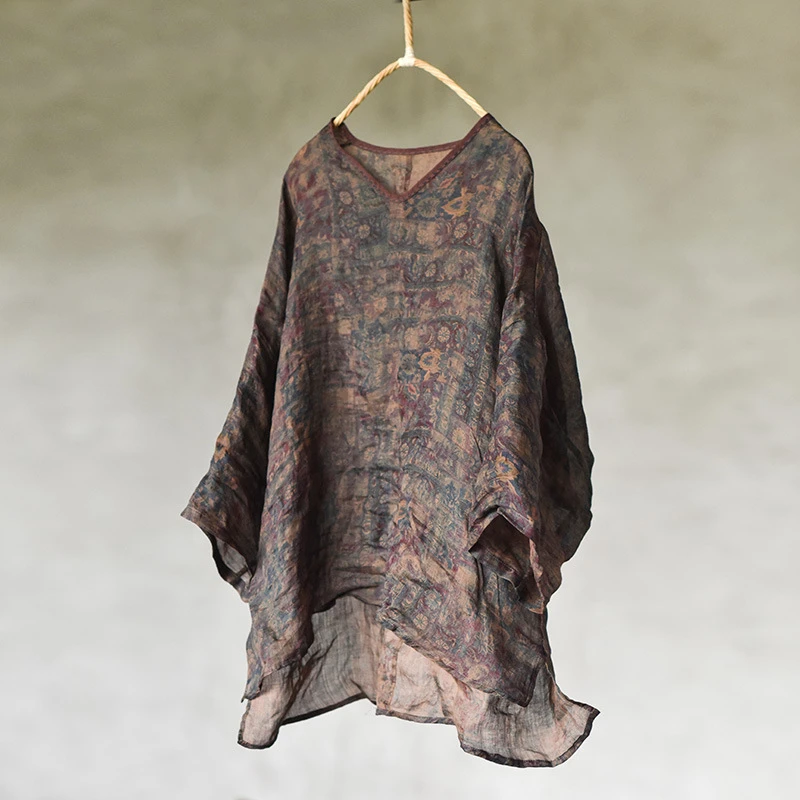 数码印花苎麻轻薄大码女装麻衫T恤文艺宽松手缝线V领七分袖上衣女