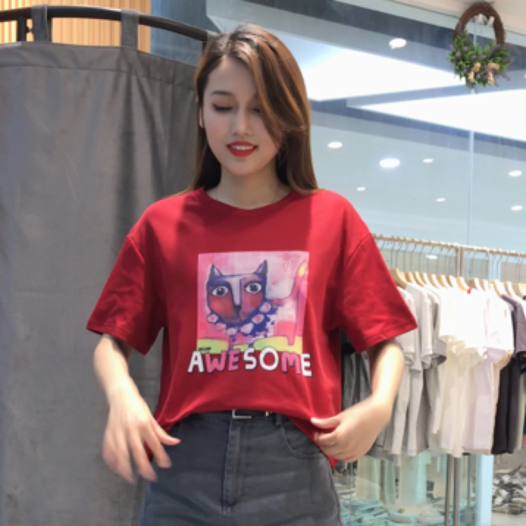 夏季新款卡通猫印花T恤圆领韩版短袖上衣女半袖打底衫ins风