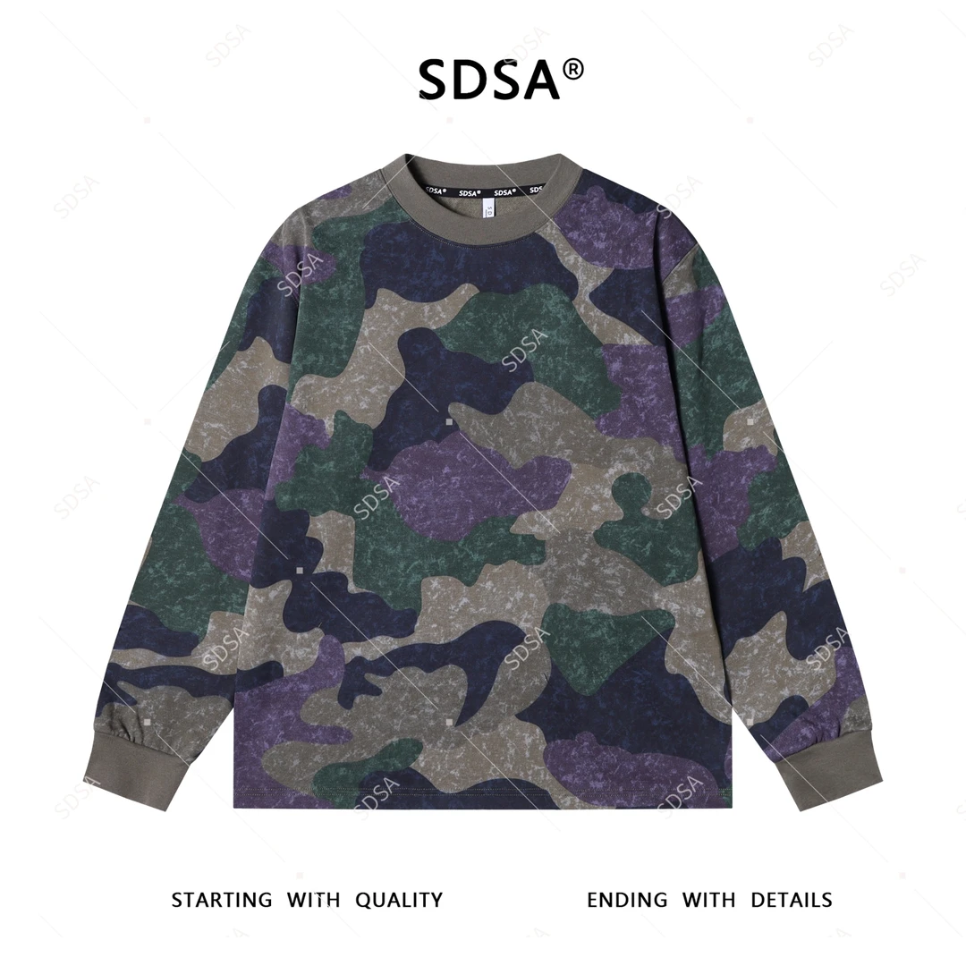 SDSA男士秋冬新款轻奢痞帅男装撞色迷彩圆领长袖T恤潮流复古时尚