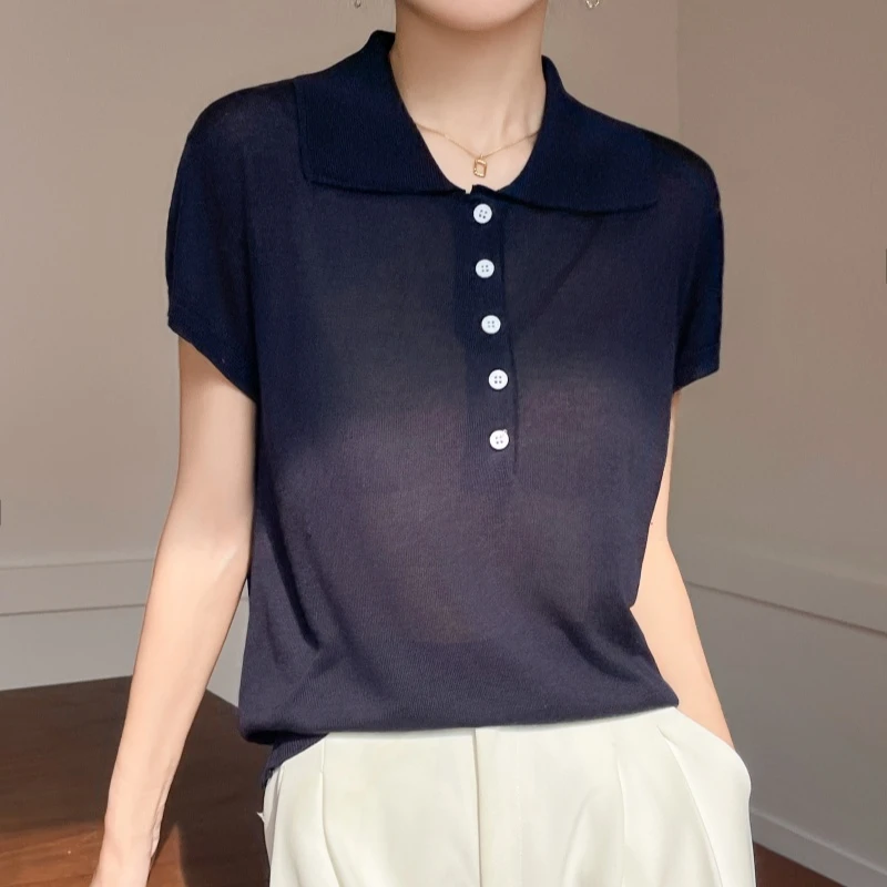 莱赛尔针织短袖女夏款翻领飞袖显瘦上衣经典百搭