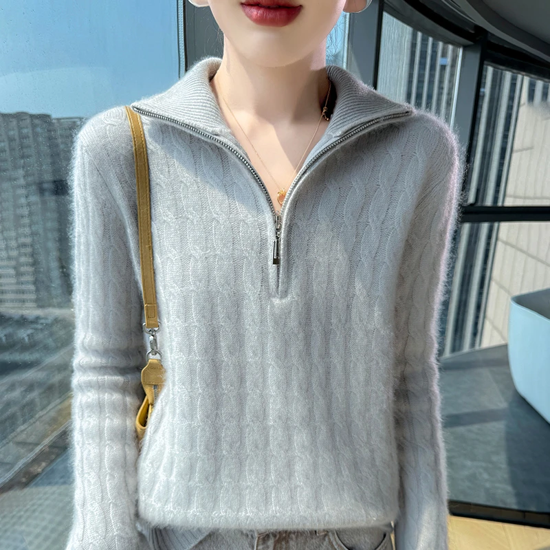 100%纯羊毛拉链休闲羊毛衫女士新款时尚半开领针织衫百搭加厚毛衣