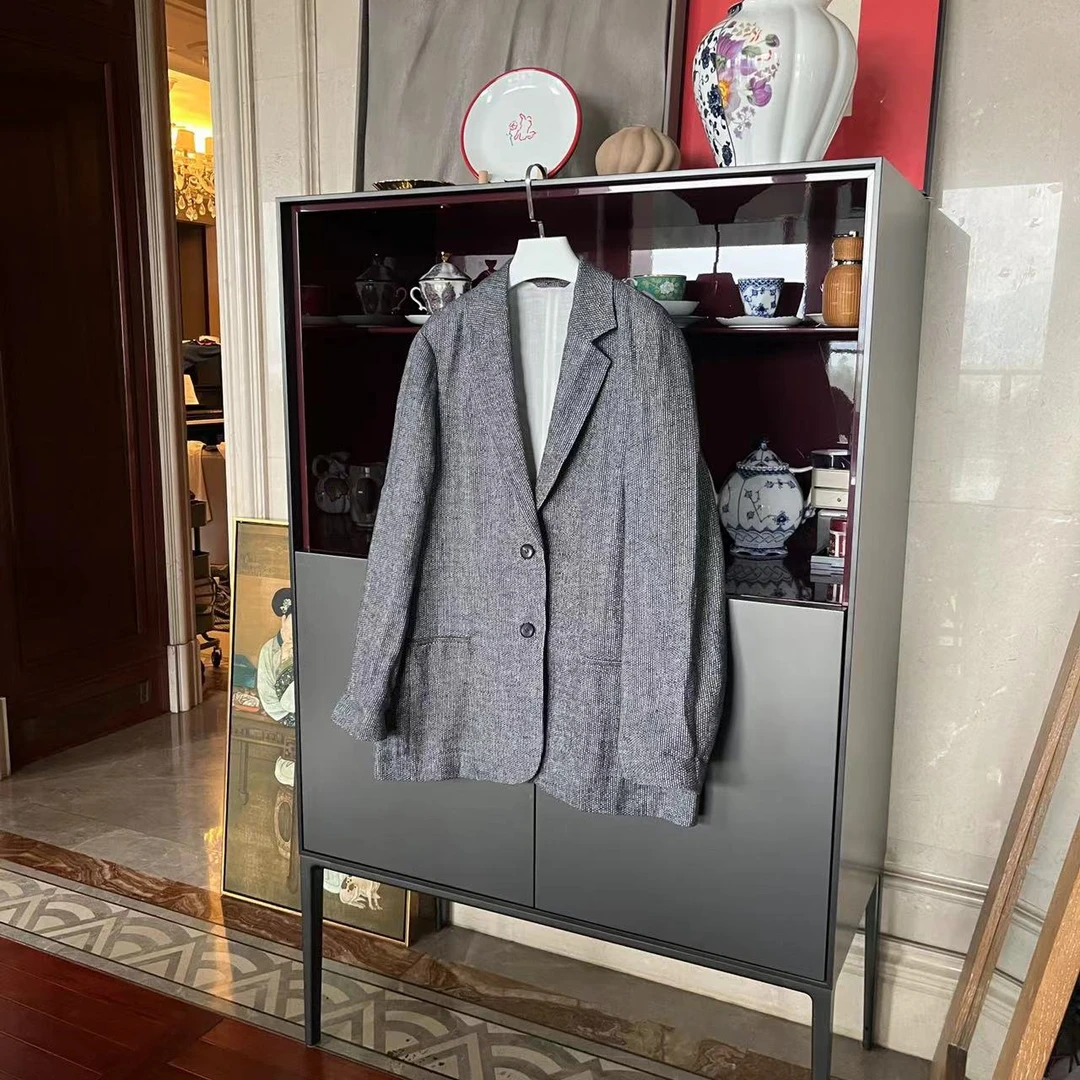 MYL2024春季亚麻灰色西装翻领长袖单排扣纯色休闲宽松外套