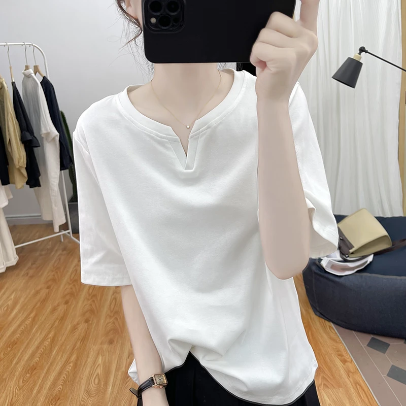 时尚小V领短袖T恤女2025夏装韩系宽松减龄上衣纯色复古半袖体恤衫