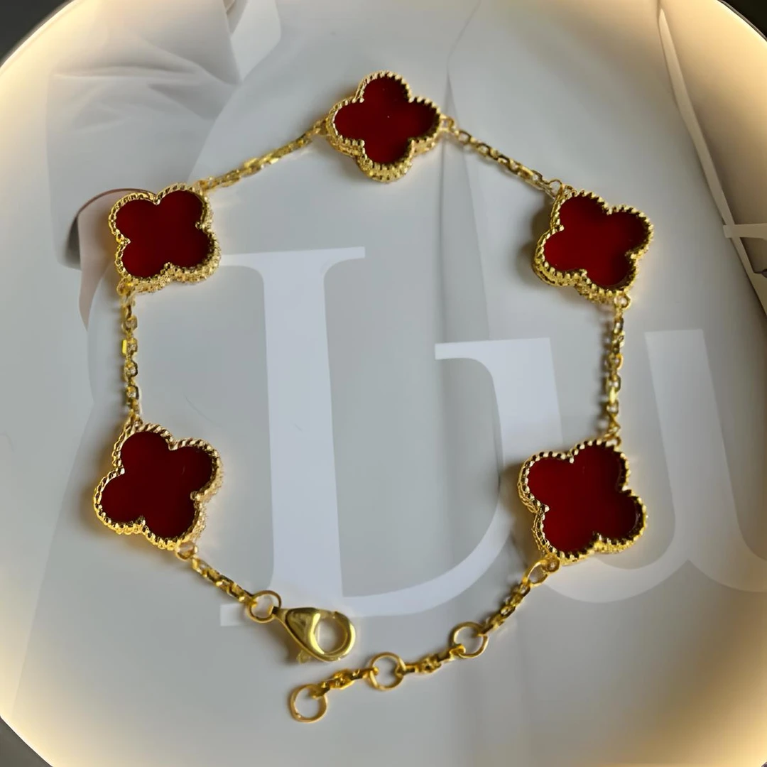 18k金玛瑙手链13mm18K金五花轻奢手链中古手链18k金四叶草手链