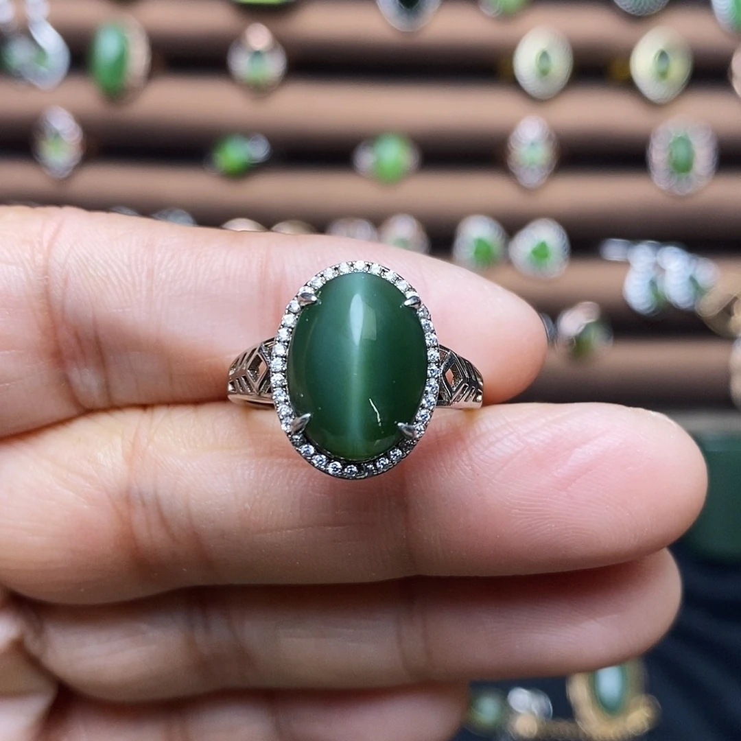 吊坠(不含链)银S925镶嵌和田玉（碧玉）戒指