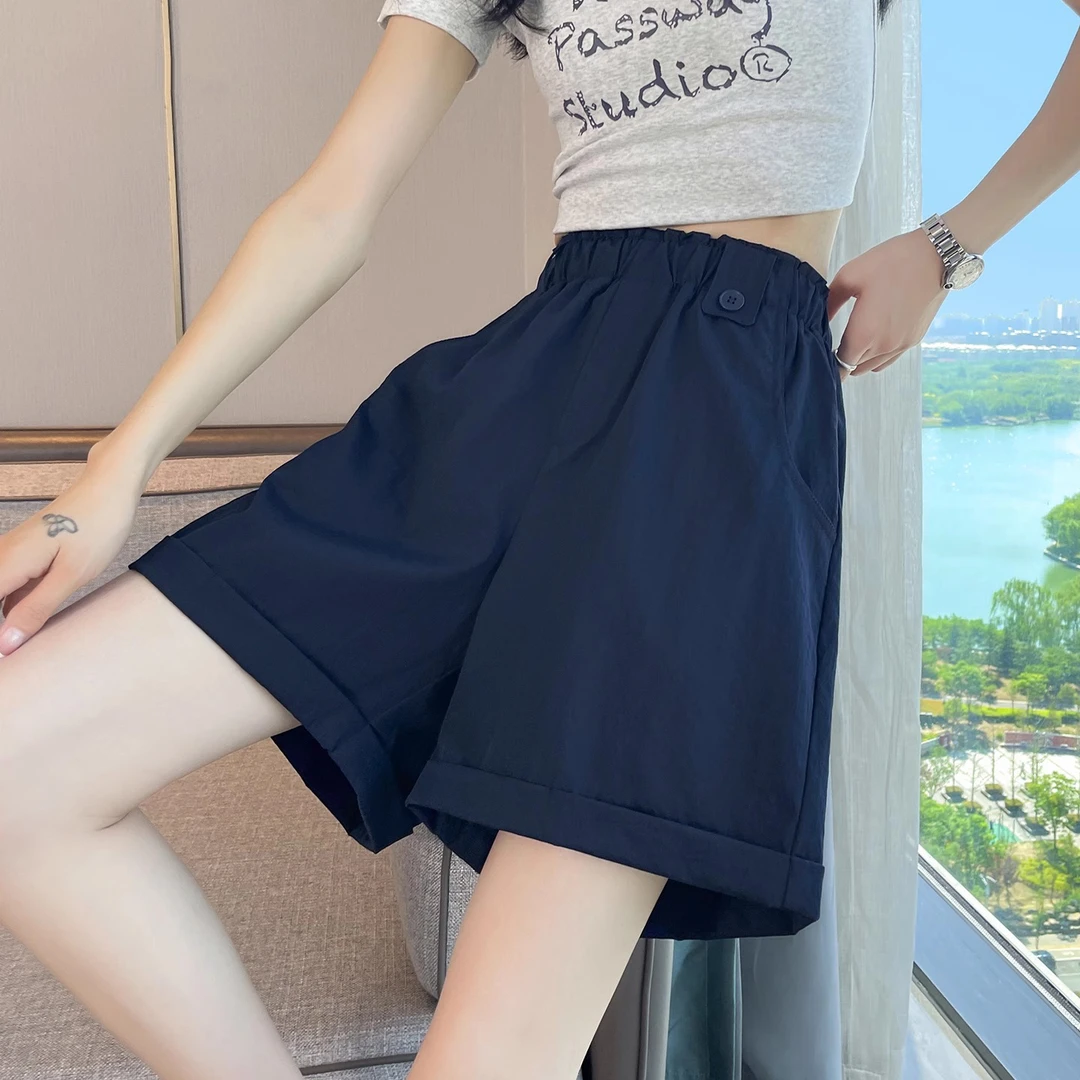 藏蓝色冰丝短裤女2025夏季薄款高腰卷边显瘦阔腿小个子休闲五分裤