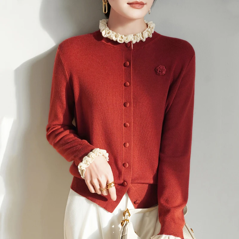 哥弟阿玛施正品25春秋新款木耳领领口撞色玫瑰花长袖针织开衫女