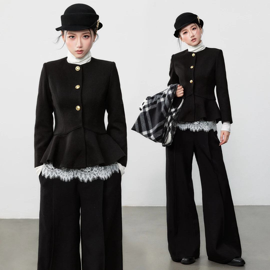 【达人专属】誉芝yuzhi 黑色小香风毛呢外套秋季褶皱收腰显瘦上衣女