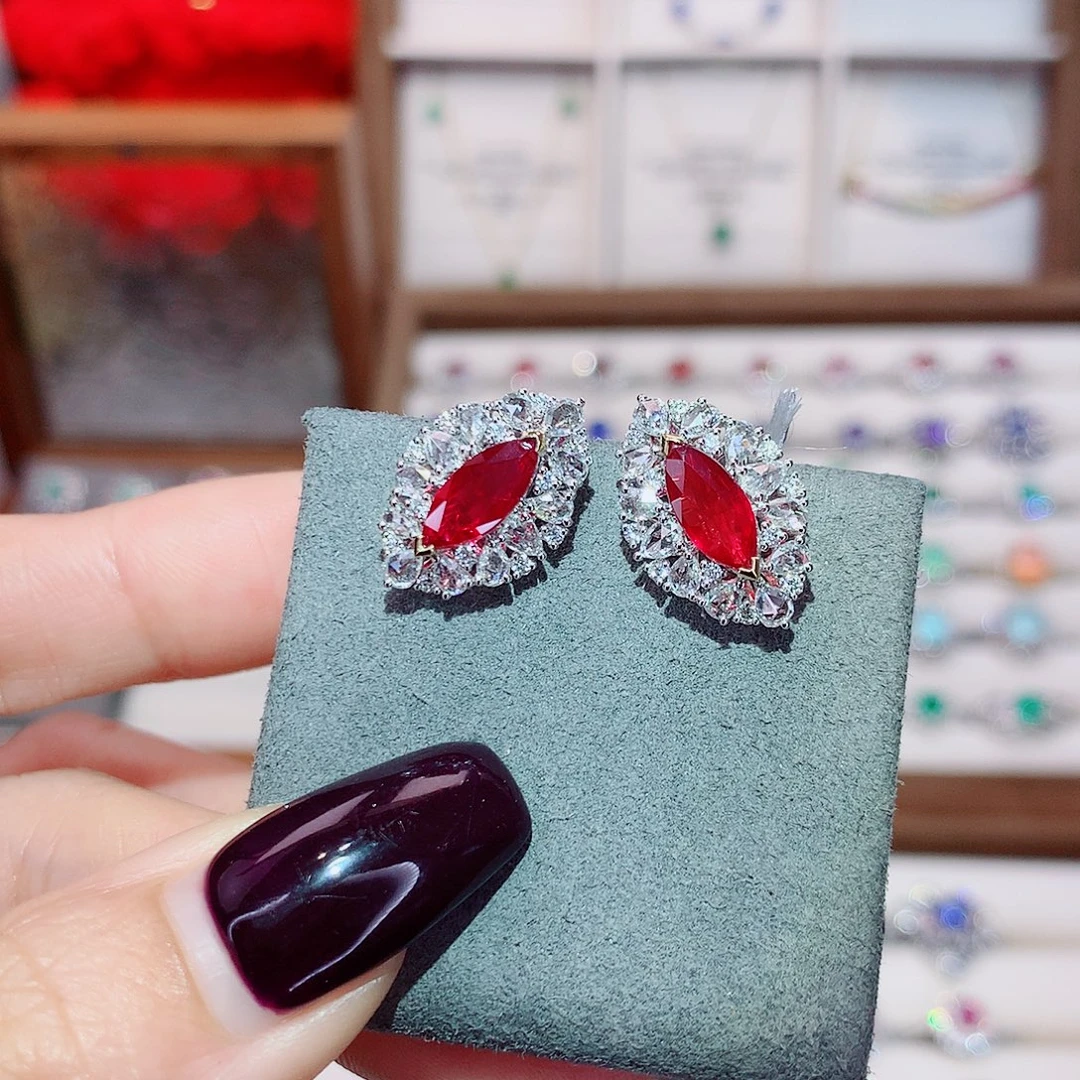 18K金镶嵌红宝石耳饰2.11ct/天然宝石/七天无理由