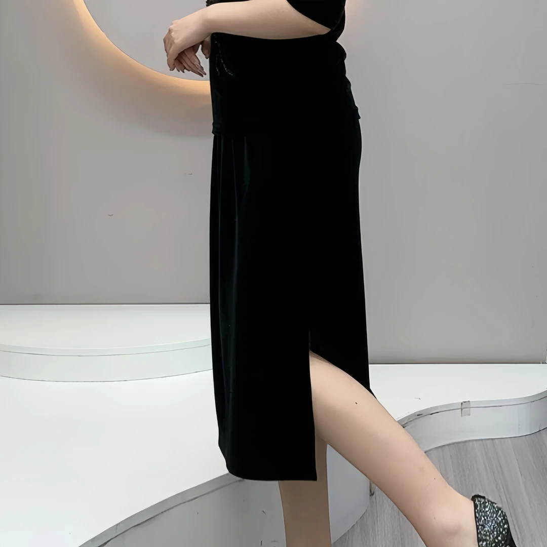 单件半身裙韩国绒新款春夏季时尚双侧开气松紧腰女士弹力#马7013