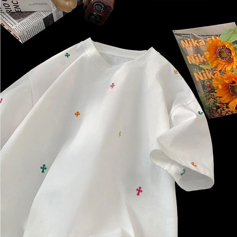 美式休闲万针刺绣十字架短袖T恤男夏季新款设计感宽松ins情侣半袖