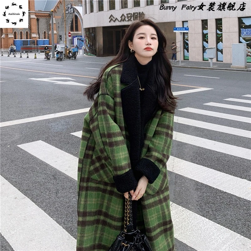 两面穿绿色格子质量好大衣女长款宽松大码加绒加厚冬毛呢外套学生