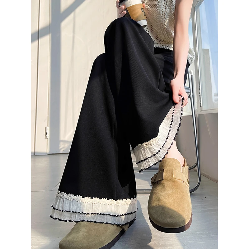 蕾丝花边微喇叭裤女春夏薄款高腰宽松显瘦大码胖mm休闲喇叭长裤子