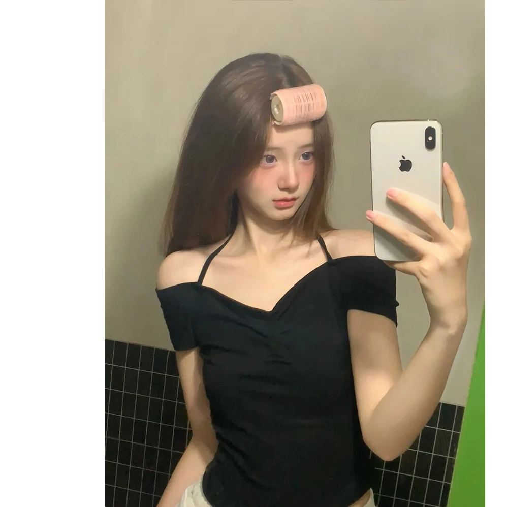 官图法式甜辣一字肩V领短袖T恤女夏季辣妹性感百搭显瘦不规则气质