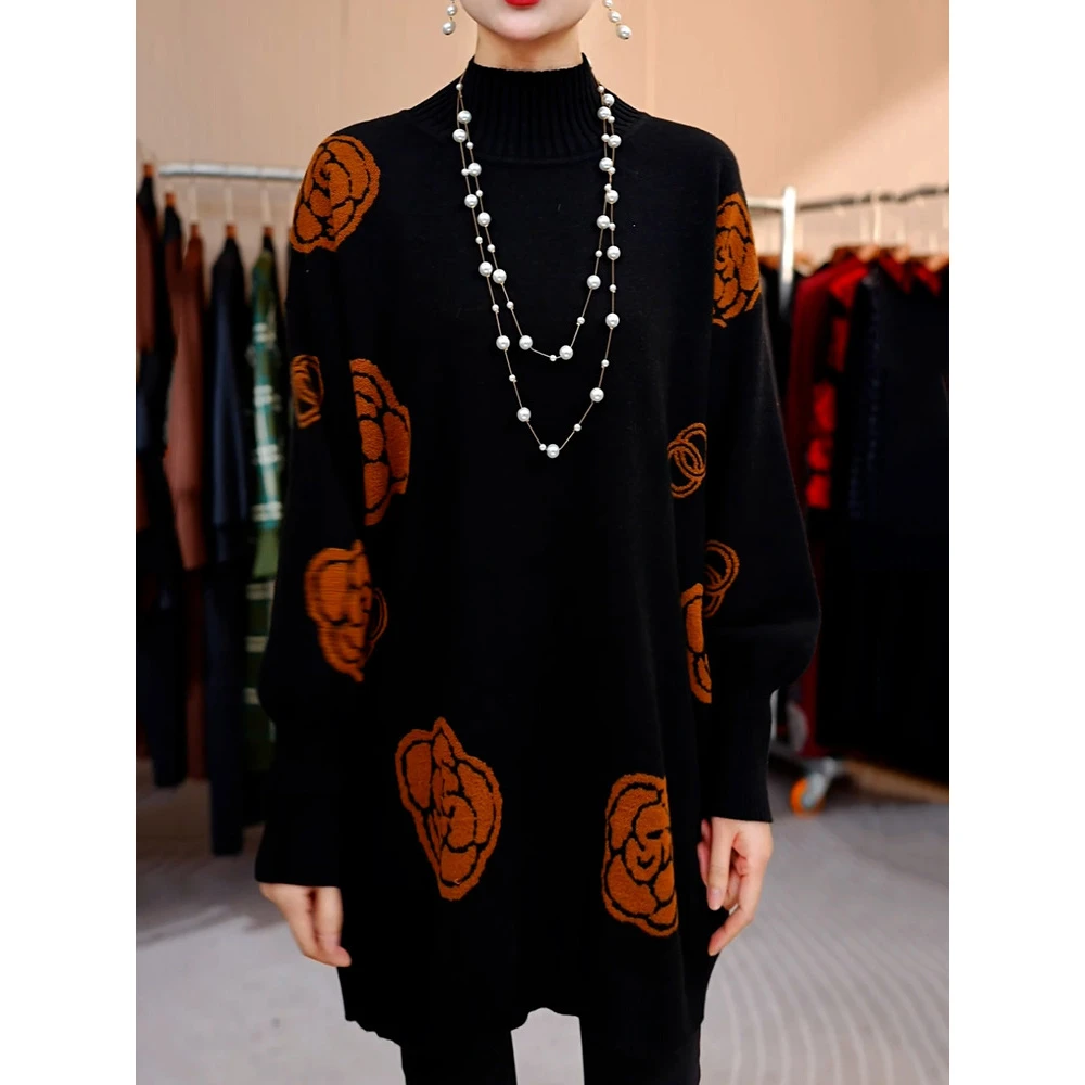 优雅贵夫人拼色花朵针织衫女2025冬季新款中长款宽松遮肉慵懒毛衣