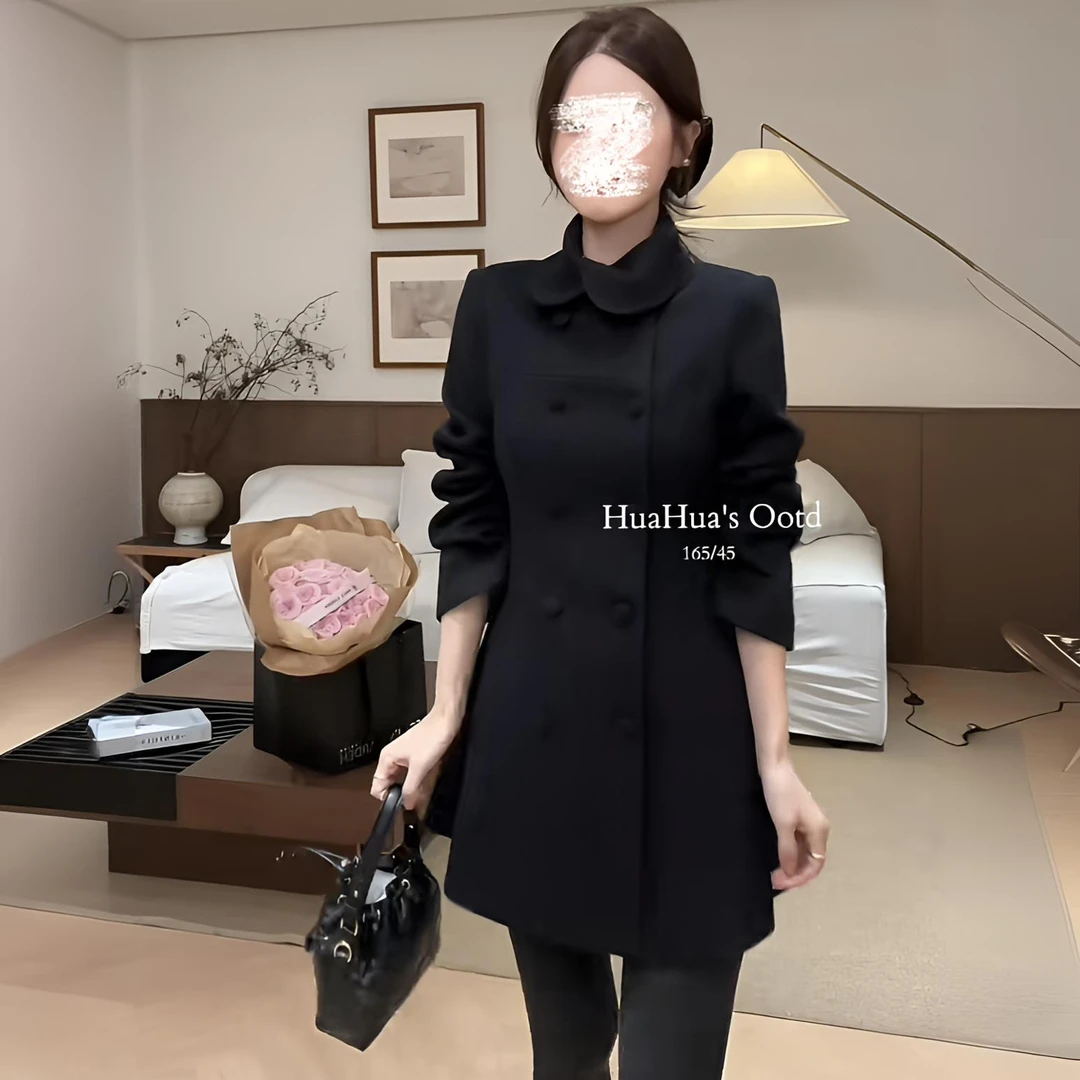 花花奥黛丽~韩版小翻领分割线双排扣小香设计感毛呢大衣秋冬