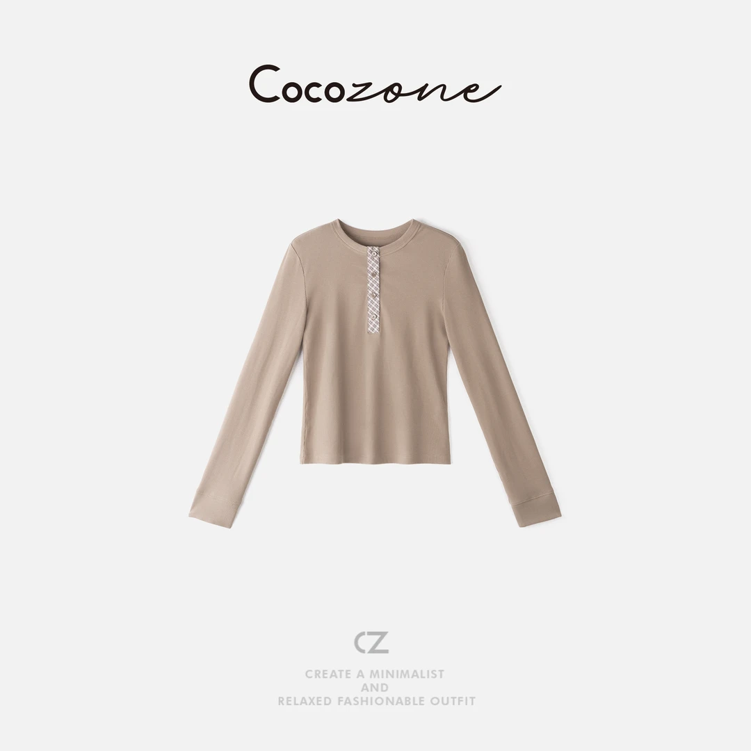 COCO ZONE 刘一一 “格子4粒扣”圆领撞色钮扣长袖T恤 CD2A2263