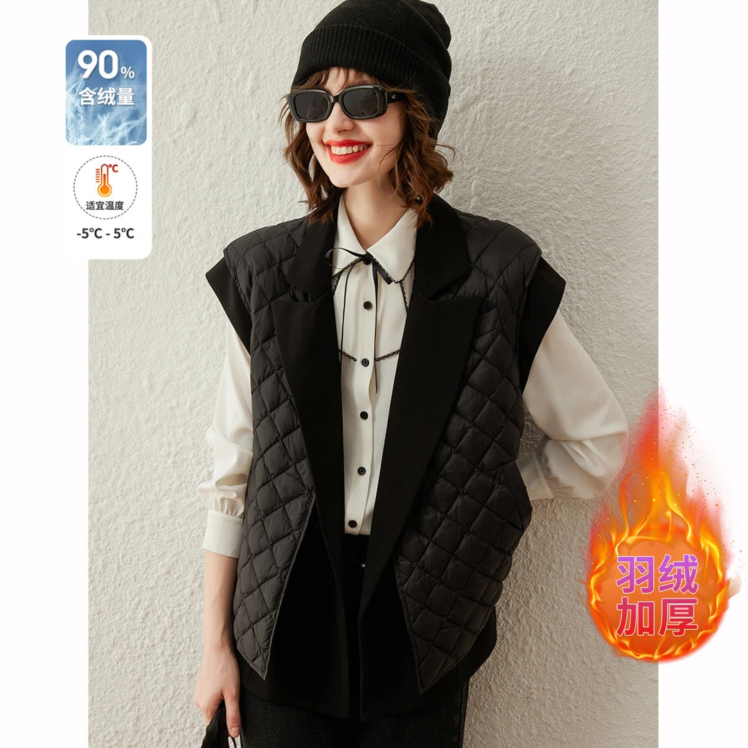 白鹿语冬款气质菱格翻领加厚假两件马甲马夹羽绒服女BX30205