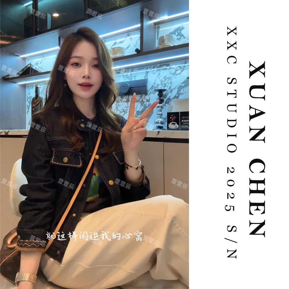 【虚线牛仔】秋季长袖宽松短款外套洋气小个子百搭深色上衣#8679