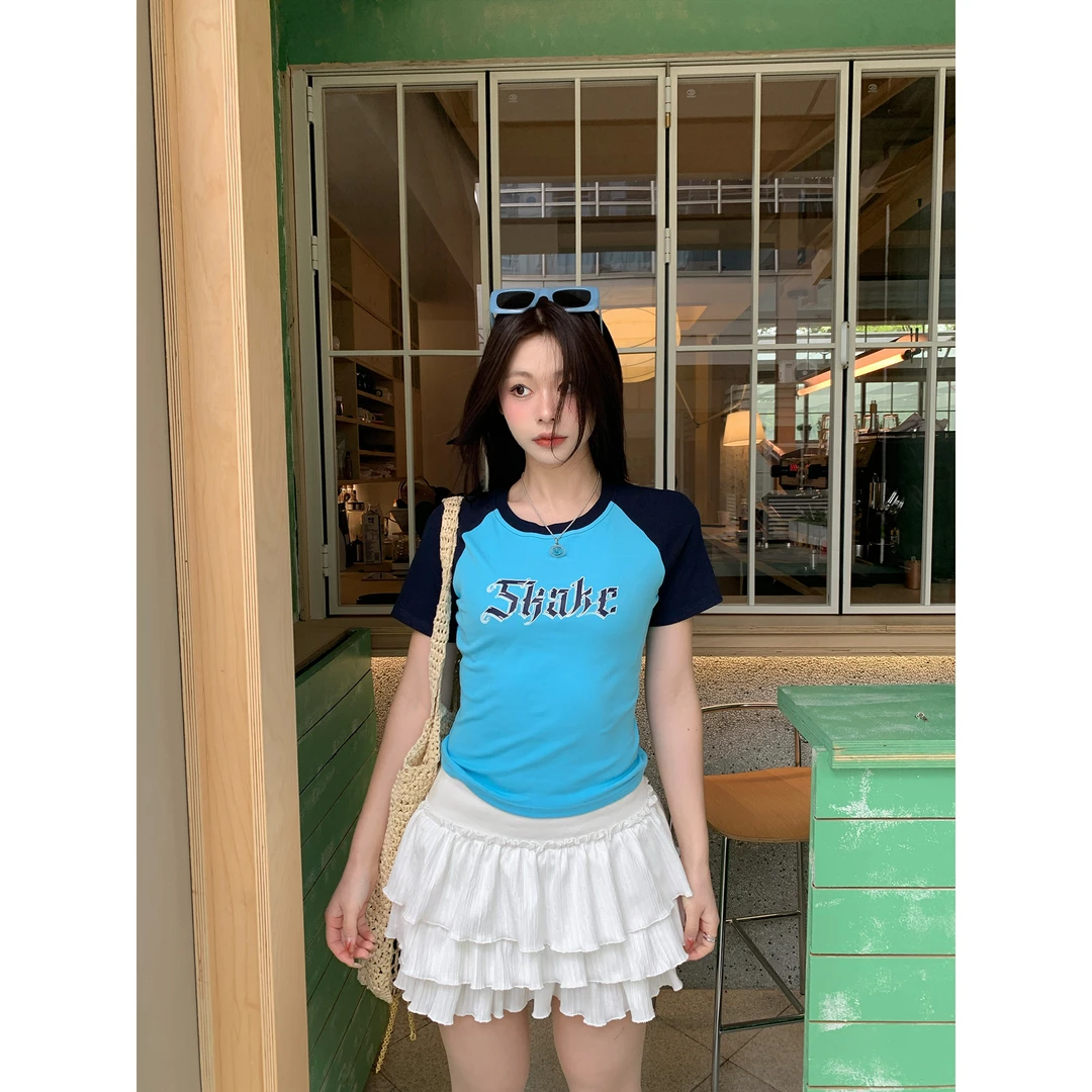 DCDC OFFICIAL 心电感应 插肩袖撞色短袖T恤夏季修身显瘦印花上衣