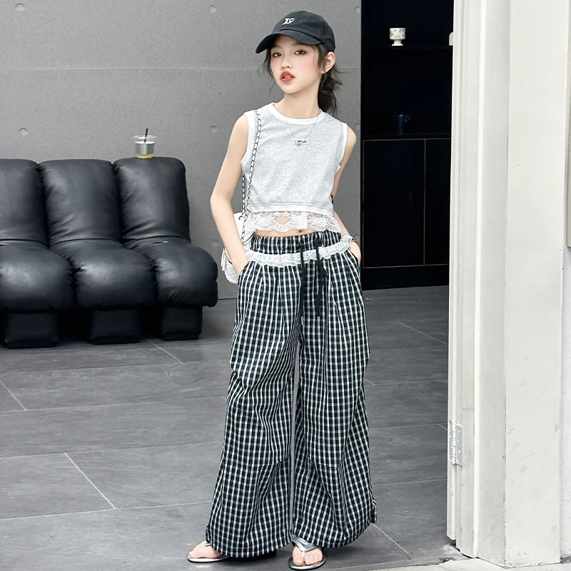 【毛妈潮牌】女童夏季背心格子裤套装2025中大童韩版时髦洋气两件套