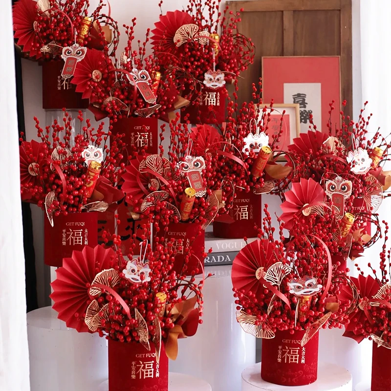 馨宝 新年绒布福桶烫金福桶抱抱桶冬青尤加利年宵花插花装饰