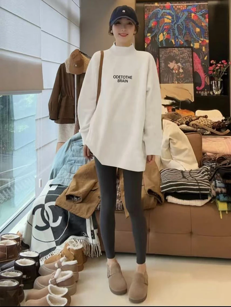 时尚立领遮屁股中长款T恤女长袖外穿宽松配鲨鱼裤内搭叠穿打底衫