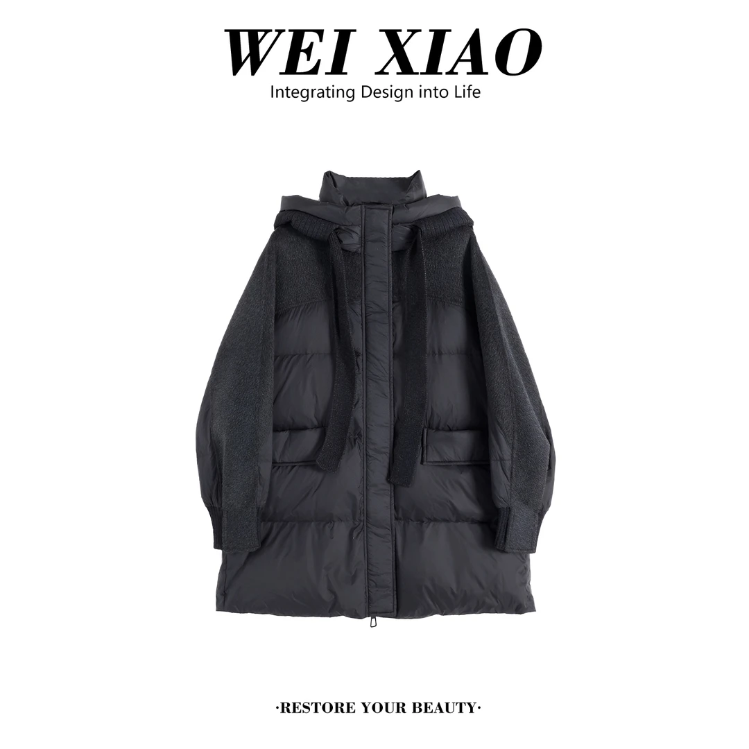 韩系拼接高级设计感连帽百搭中长款棉服冬季2025新款超好看外套潮